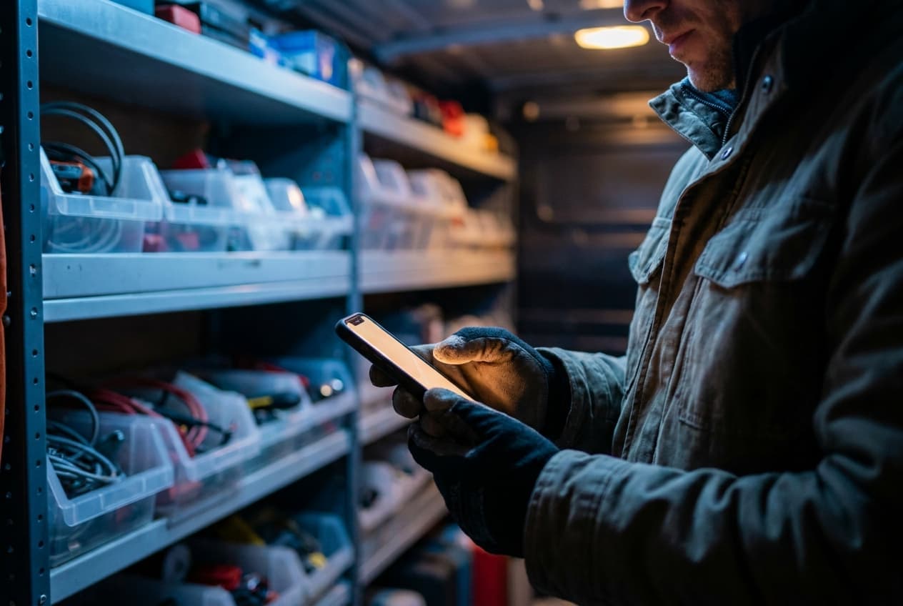 Technician using the app on his phone inside a work van